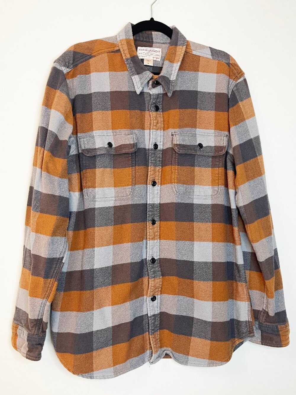 Filson Garment XL Orange Gray Buffalo Plaid Flannel Shirt 100% Cotton Workwear
